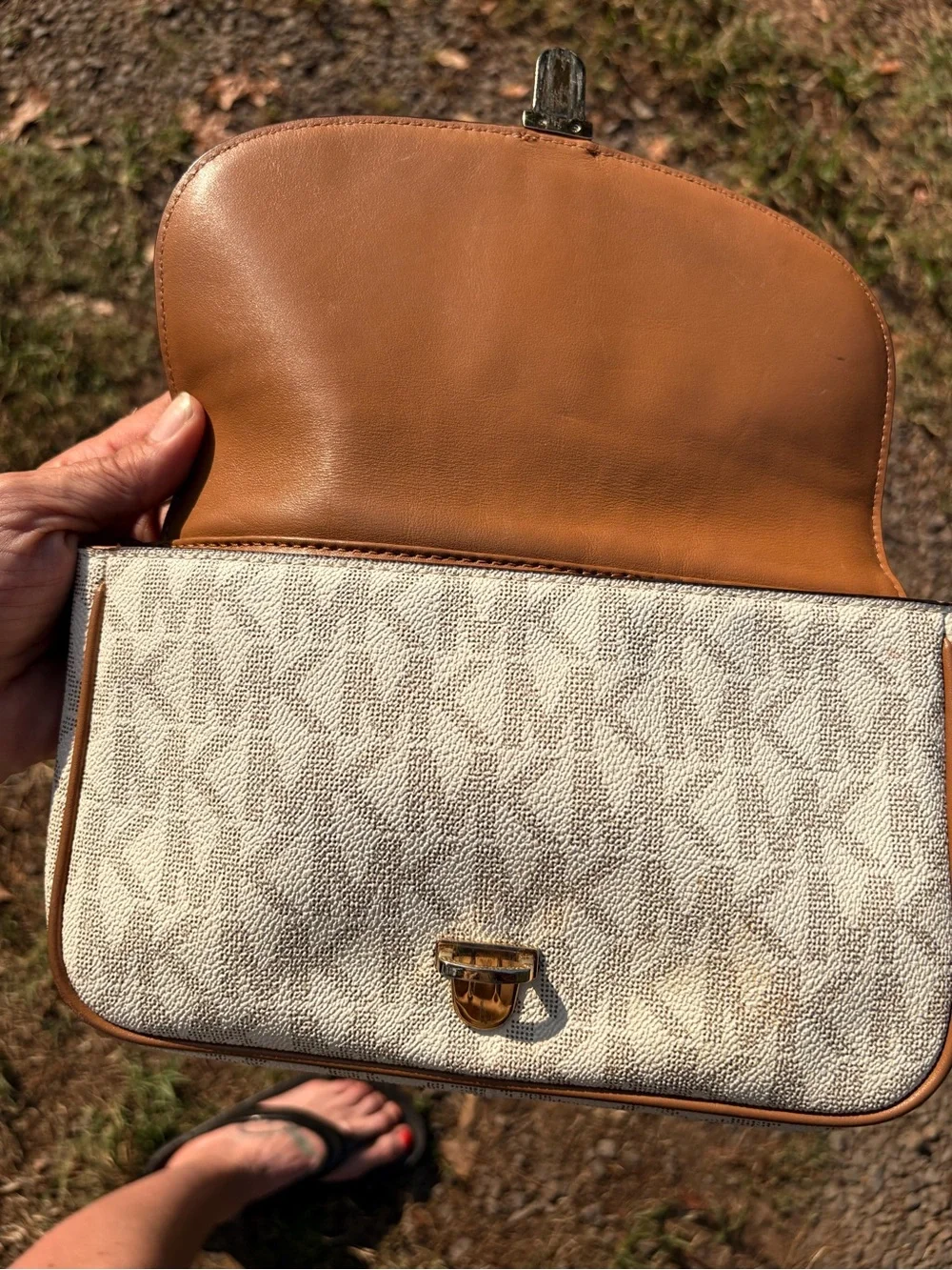 Michael Kors Cream Monogram Crossbody with Brown Trim and Gold Chain